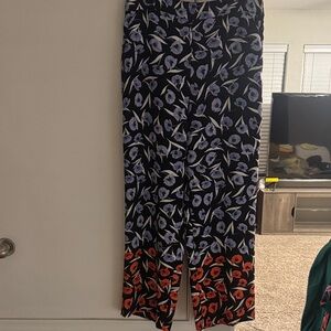 Ann Taylor Black Wide-Leg Floral Pants with Blue & Yellow Accents